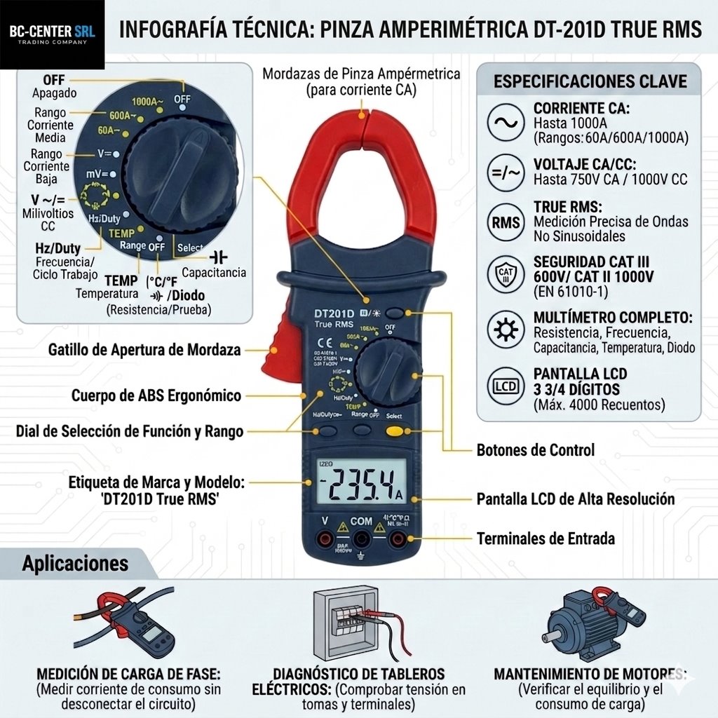 Infografía técnica de la pinza amperométrica DT201D: dial de funciones, mordazas, pantalla LCD y especificaciones