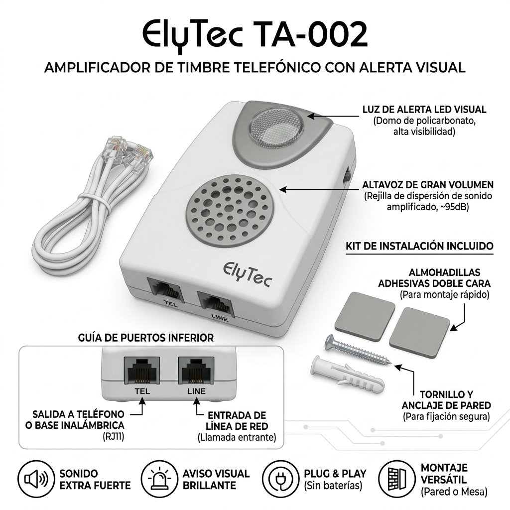 Infografía del amplificador de campanilla TA-002: luz de alerta LED, altavoz de gran volumen, puertos TEL y LINE y kit de instalación